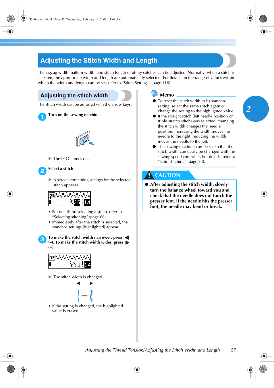 Adjusting the stitch width and length, Adjusting the stitch width, Caution | Brother CS-8150 User Manual | Page 63 / 140