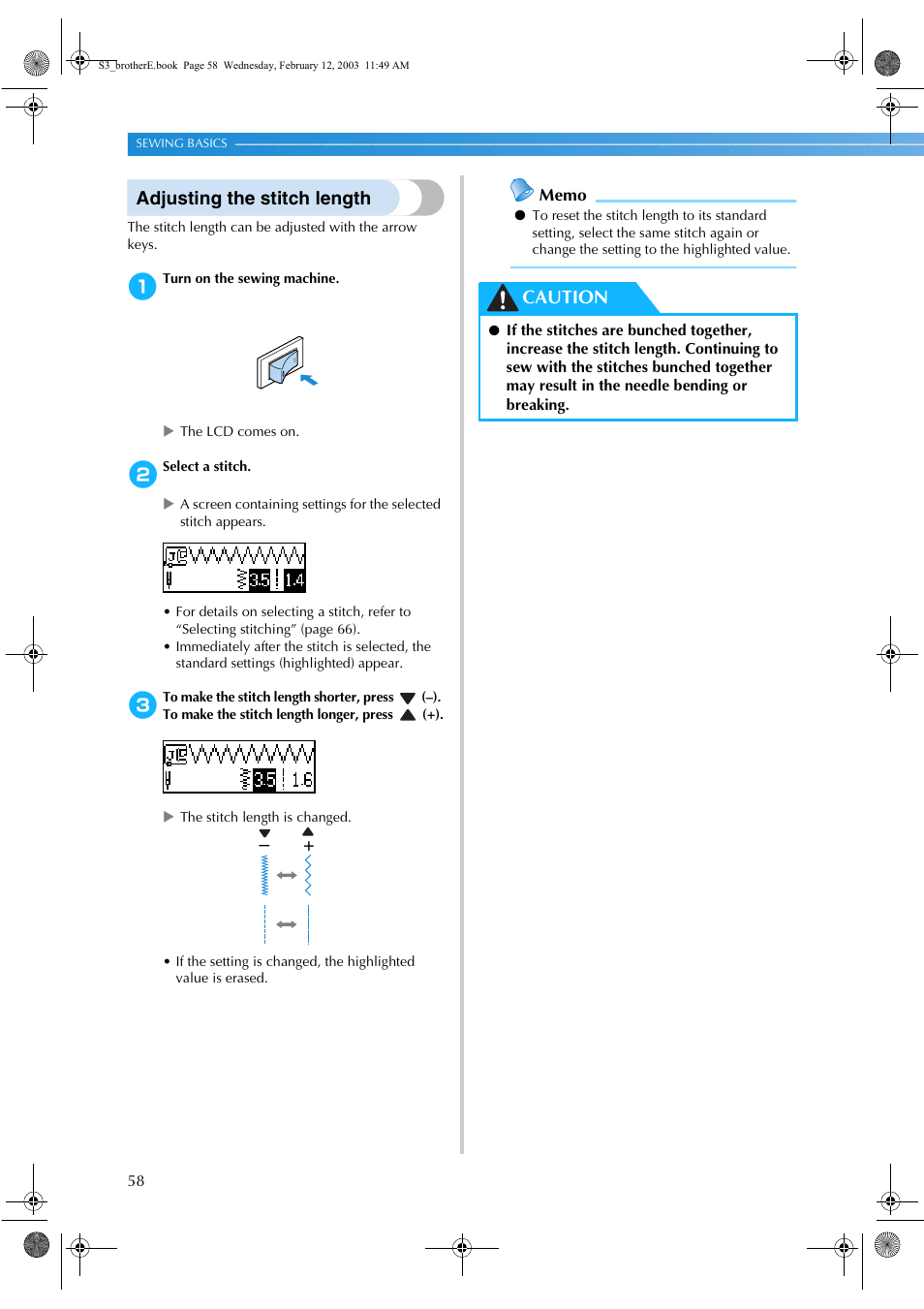 Adjusting the stitch length, Caution | Brother CS-8150 User Manual | Page 64 / 140