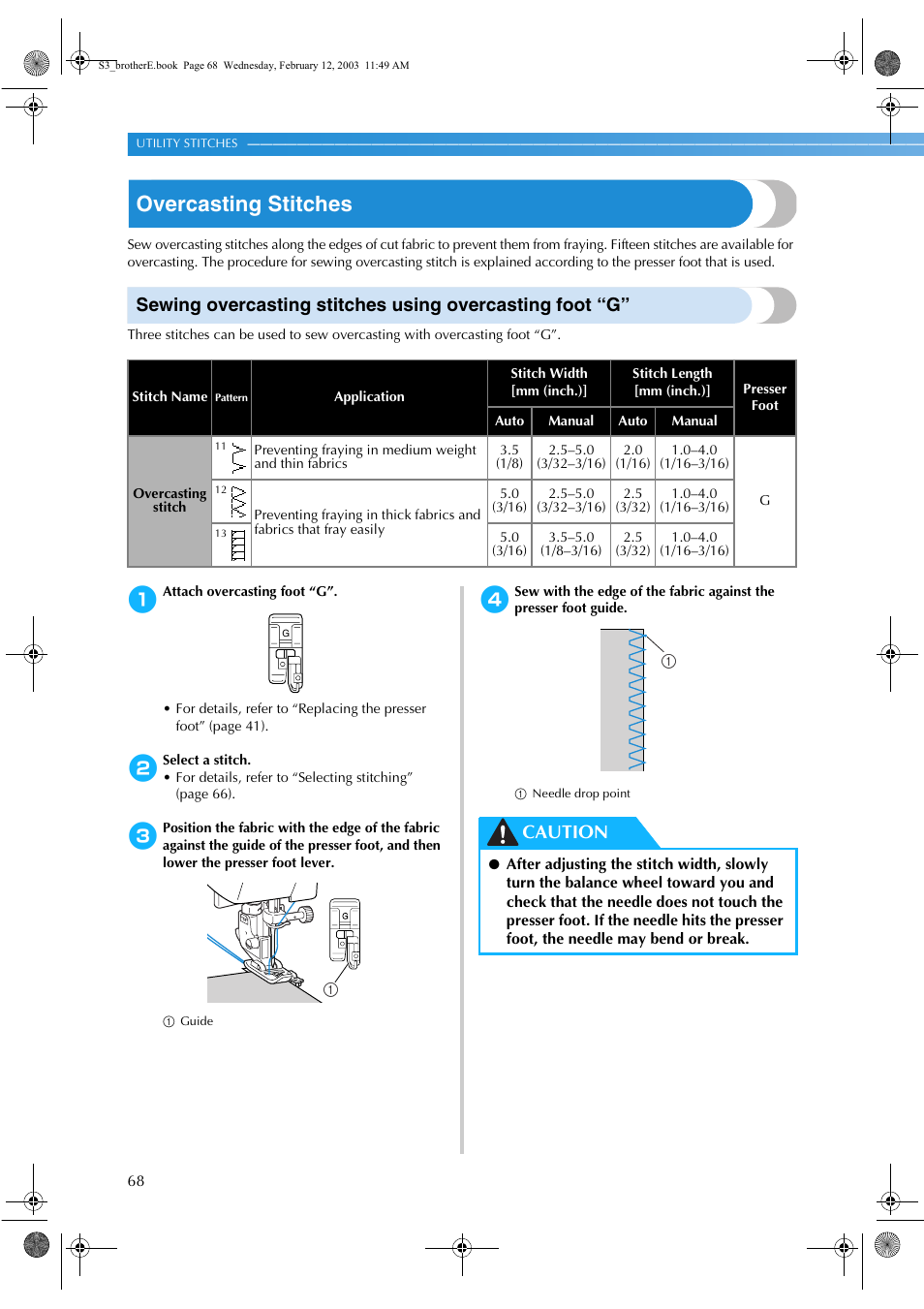 Overcasting stitches, Caution | Brother CS-8150 User Manual | Page 74 / 140