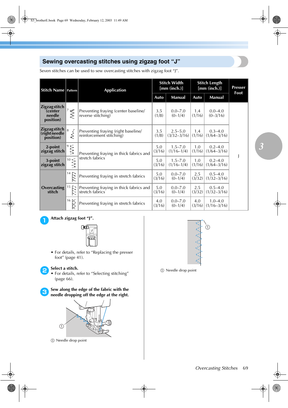 Sewing overcasting stitches using zigzag foot “j | Brother CS-8150 User Manual | Page 75 / 140