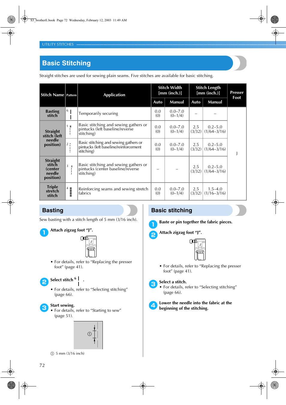 Basic stitching, Basting | Brother CS-8150 User Manual | Page 78 / 140