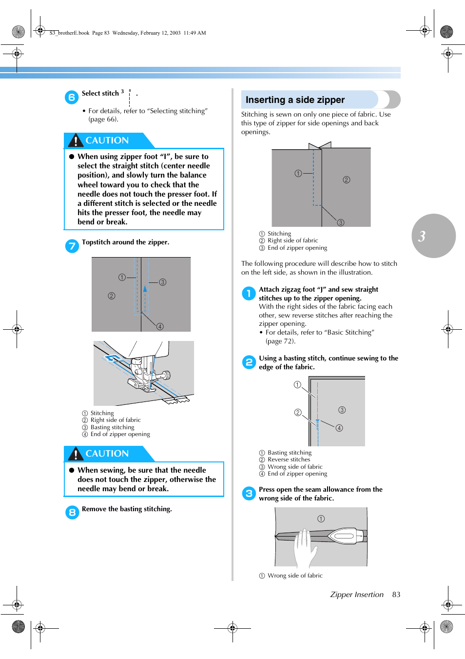 Inserting a side zipper, Caution | Brother CS-8150 User Manual | Page 89 / 140