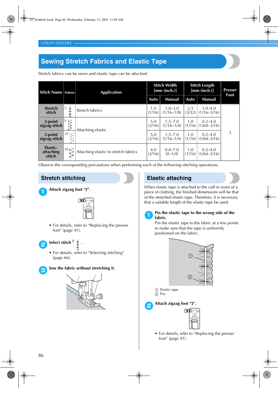 Sewing stretch fabrics and elastic tape, Stretch stitching, Elastic attaching | Brother CS-8150 User Manual | Page 92 / 140