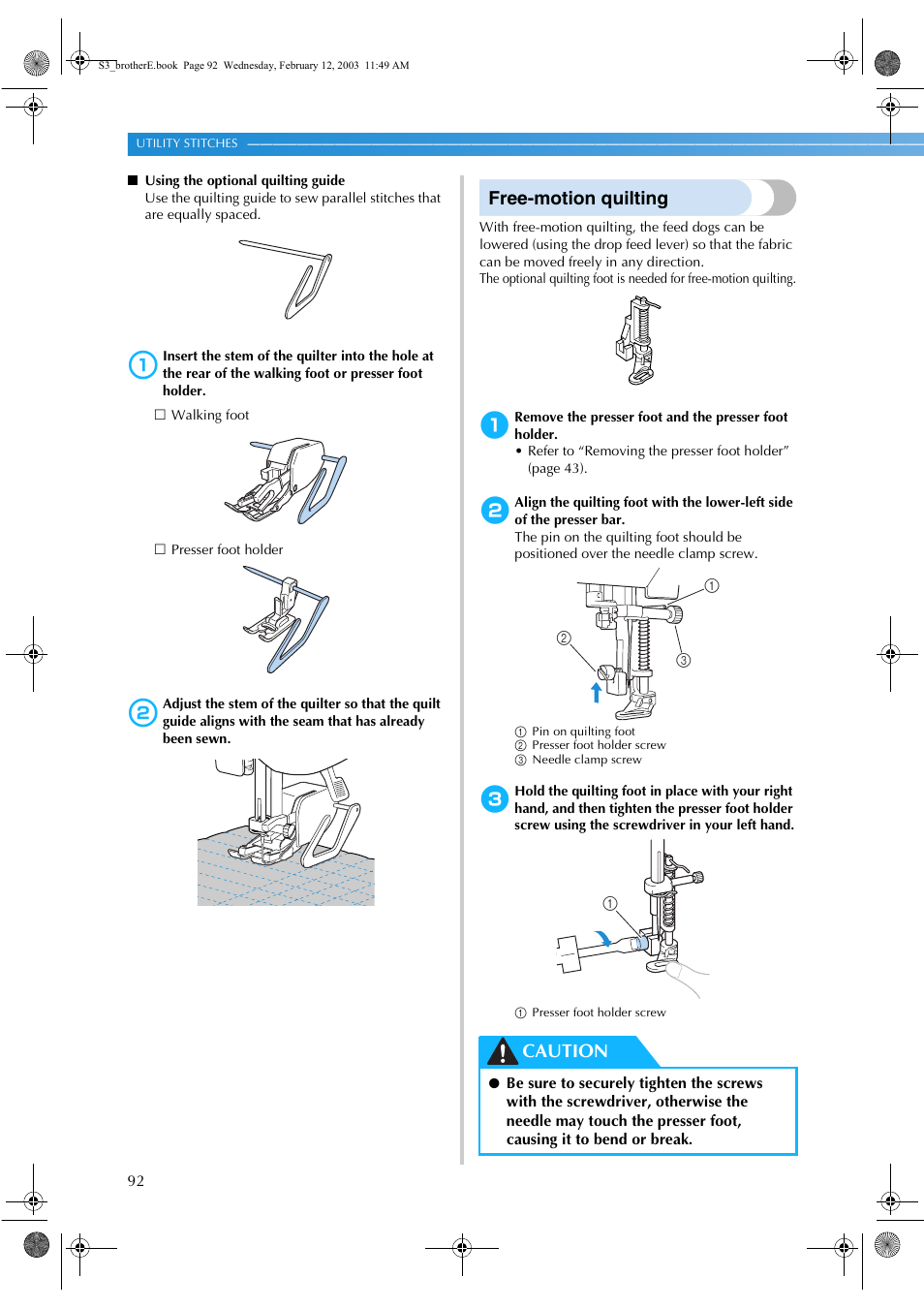 Free-motion quilting, Caution | Brother CS-8150 User Manual | Page 98 / 140