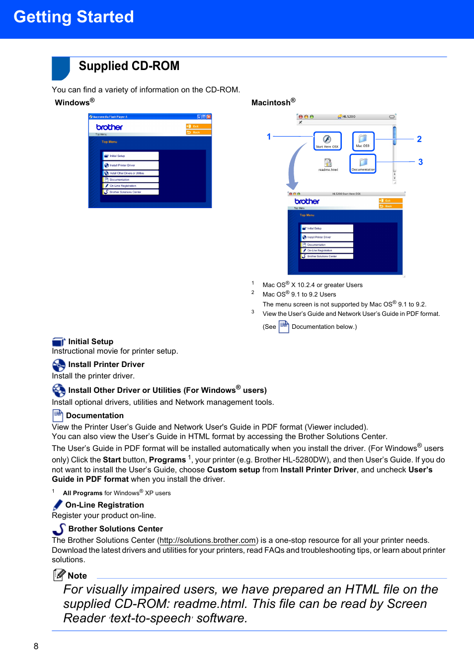 Supplied cd-rom, Getting started, Text-to-speech | Software | Brother HL-5280DW User Manual | Page 10 / 56