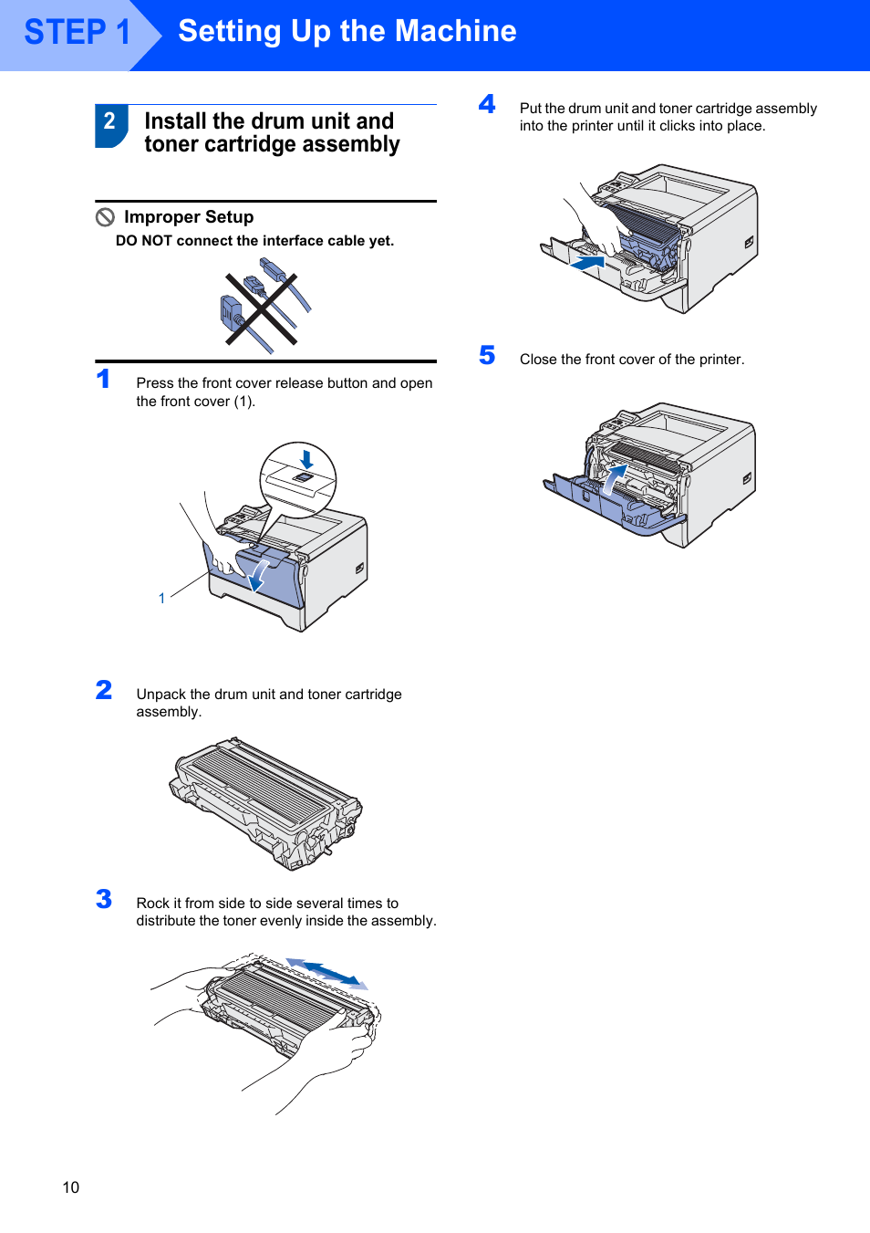 Install the drum unit and toner cartridge assembly, Step 1, Setting up the machine | Brother HL-5280DW User Manual | Page 12 / 56
