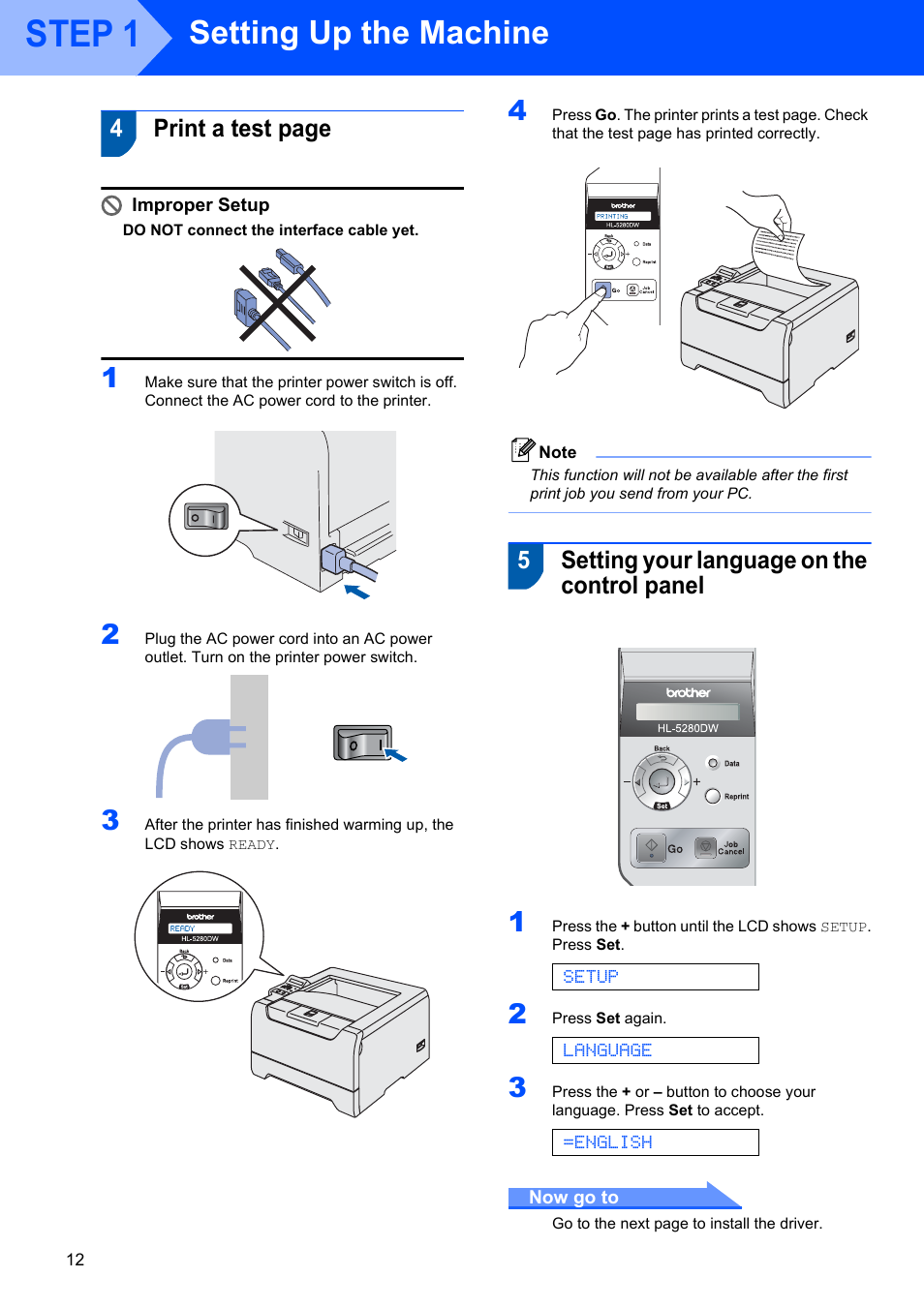 Setting your language on the control panel, Step 1, Setting up the machine | 4print a test page, 5setting your language on the control panel, Setup, Language, English | Brother HL-5280DW User Manual | Page 14 / 56