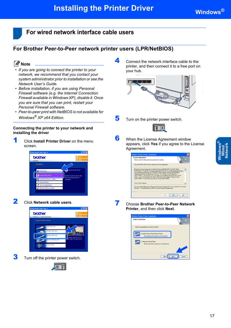 For wired network interface cable users, Installing the printer driver, Windows | Brother HL-5280DW User Manual | Page 19 / 56