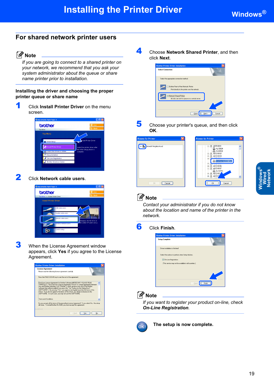 For shared network printer users, Installing the printer driver, Windows | Brother HL-5280DW User Manual | Page 21 / 56