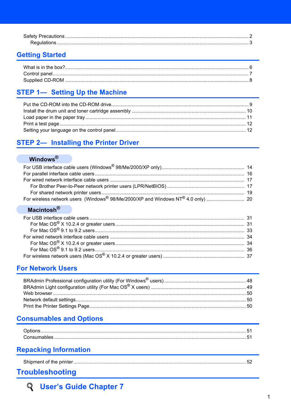 Troubleshooting, User’s guide chapter 7, Getting started | Step 1— setting up the machine, Step 2— installing the printer driver, For network users, Consumables and options, Repacking information, Windows, Macintosh | Brother HL-5280DW User Manual | Page 3 / 56