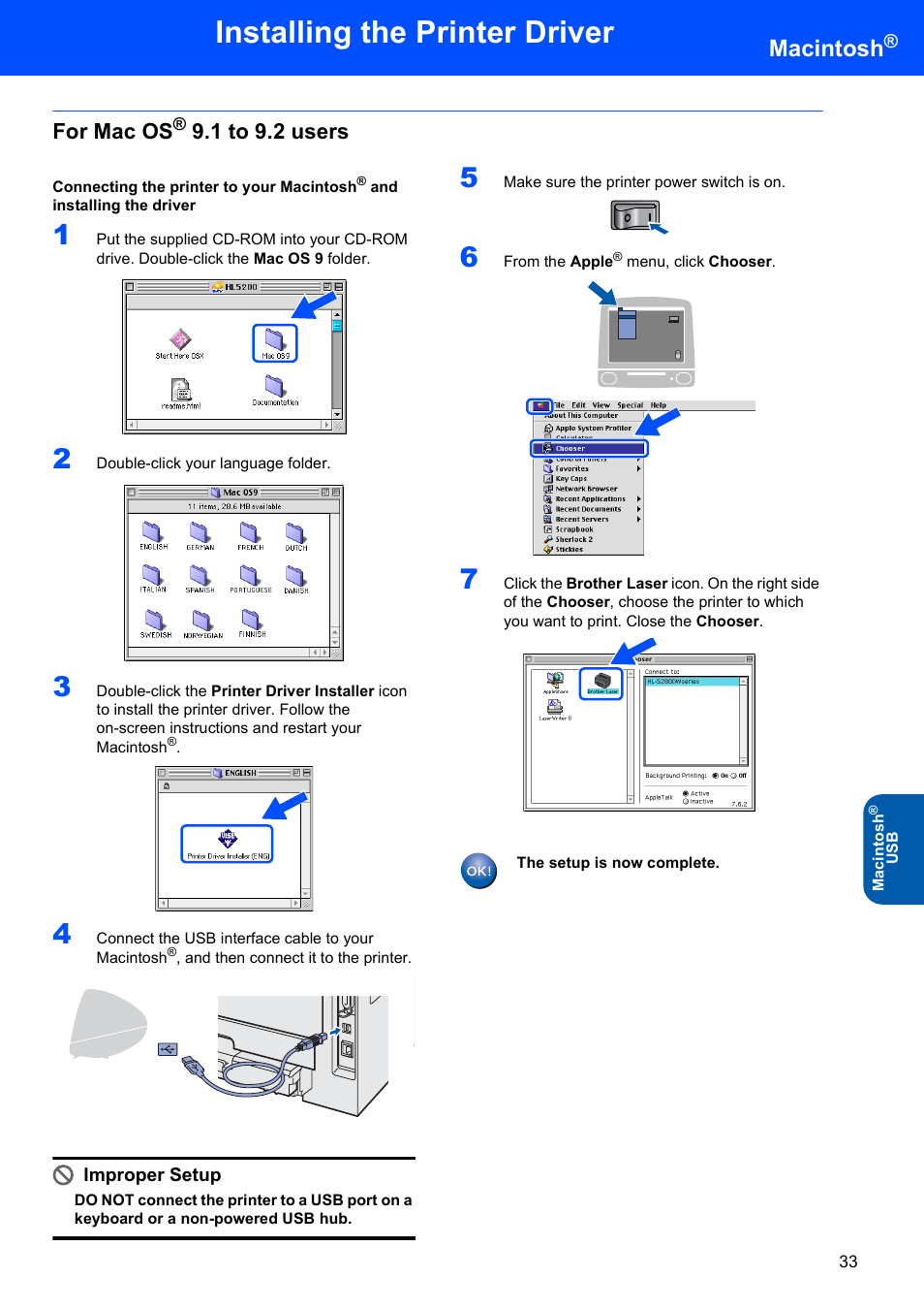 For mac os® 9.1 to 9.2 users, For mac os, Installing the printer driver | Macintosh, 1 to 9.2 users, Improper setup | Brother HL-5280DW User Manual | Page 35 / 56