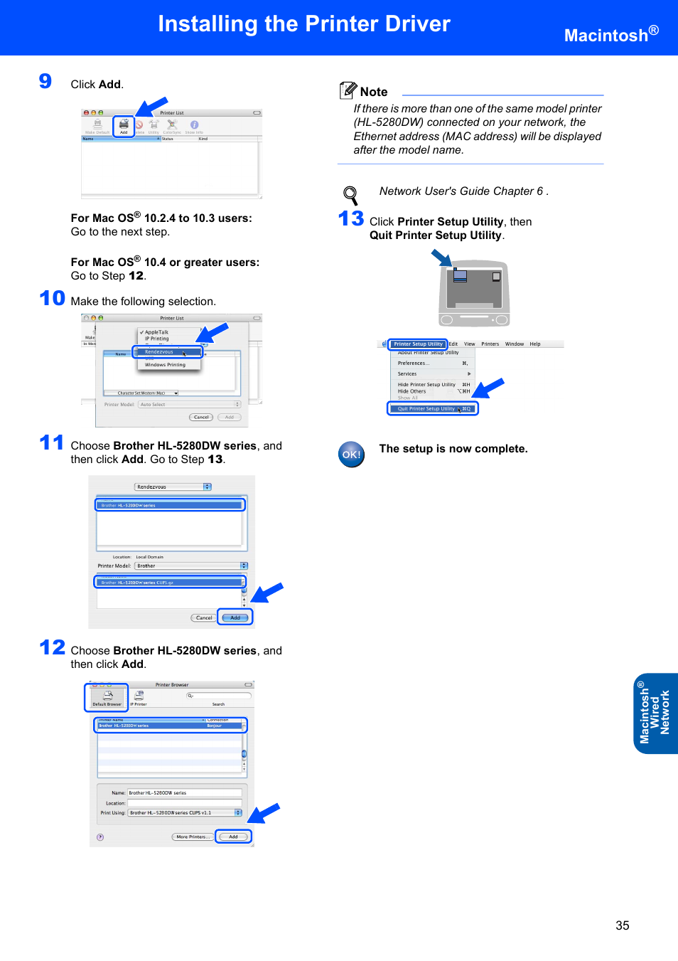 Installing the printer driver, Macintosh | Brother HL-5280DW User Manual | Page 37 / 56