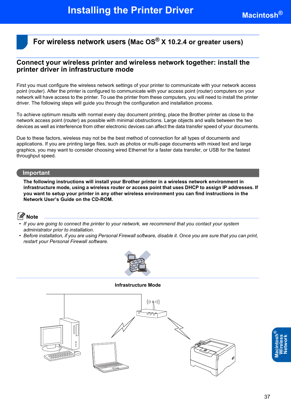 For wireless network users (mac os, Installing the printer driver, For wireless network users | Macintosh, Mac os, Important | Brother HL-5280DW User Manual | Page 39 / 56