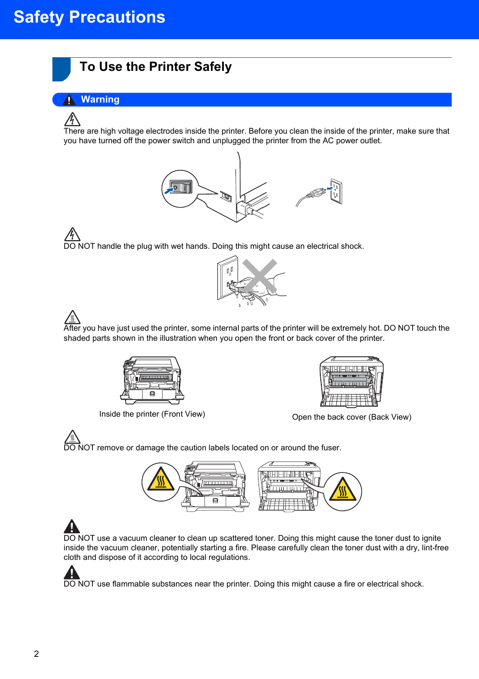 Safety precautions, To use the printer safely, Warning | Brother HL-5280DW User Manual | Page 4 / 56