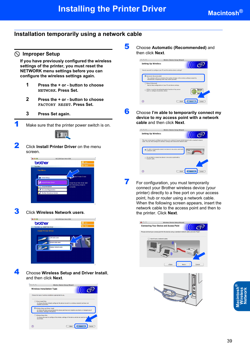 Installation temporarily using a network cable, Installing the printer driver, Macintosh | Brother HL-5280DW User Manual | Page 41 / 56