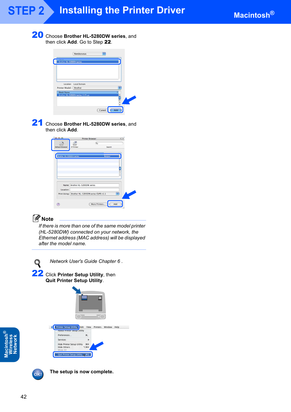 Step 2, Installing the printer driver, Macintosh | Brother HL-5280DW User Manual | Page 44 / 56