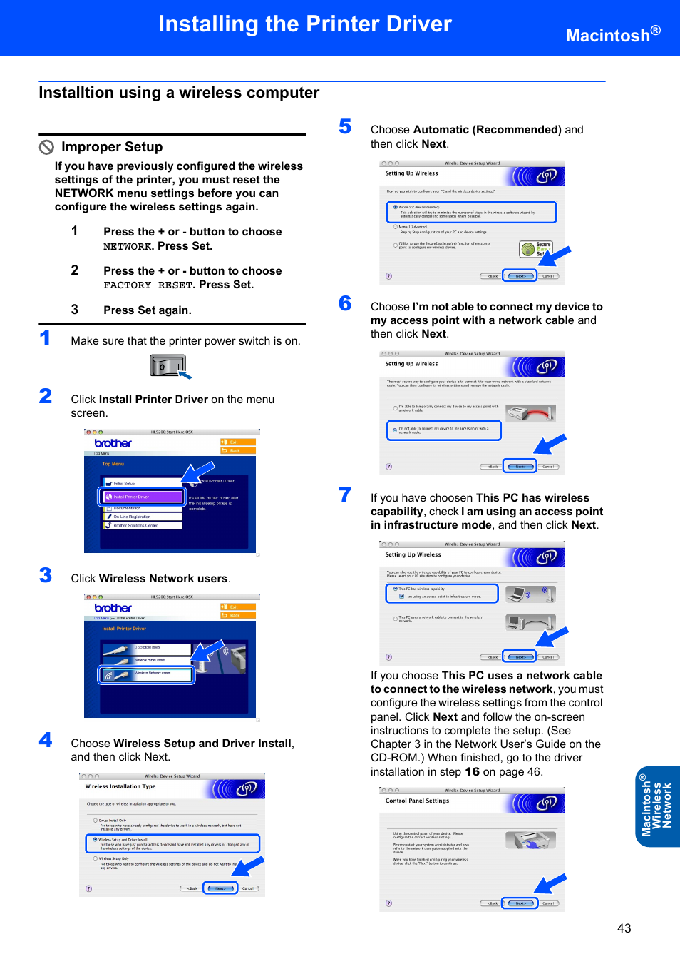 Installtion using a wireless computer, Installing the printer driver, Macintosh | Brother HL-5280DW User Manual | Page 45 / 56