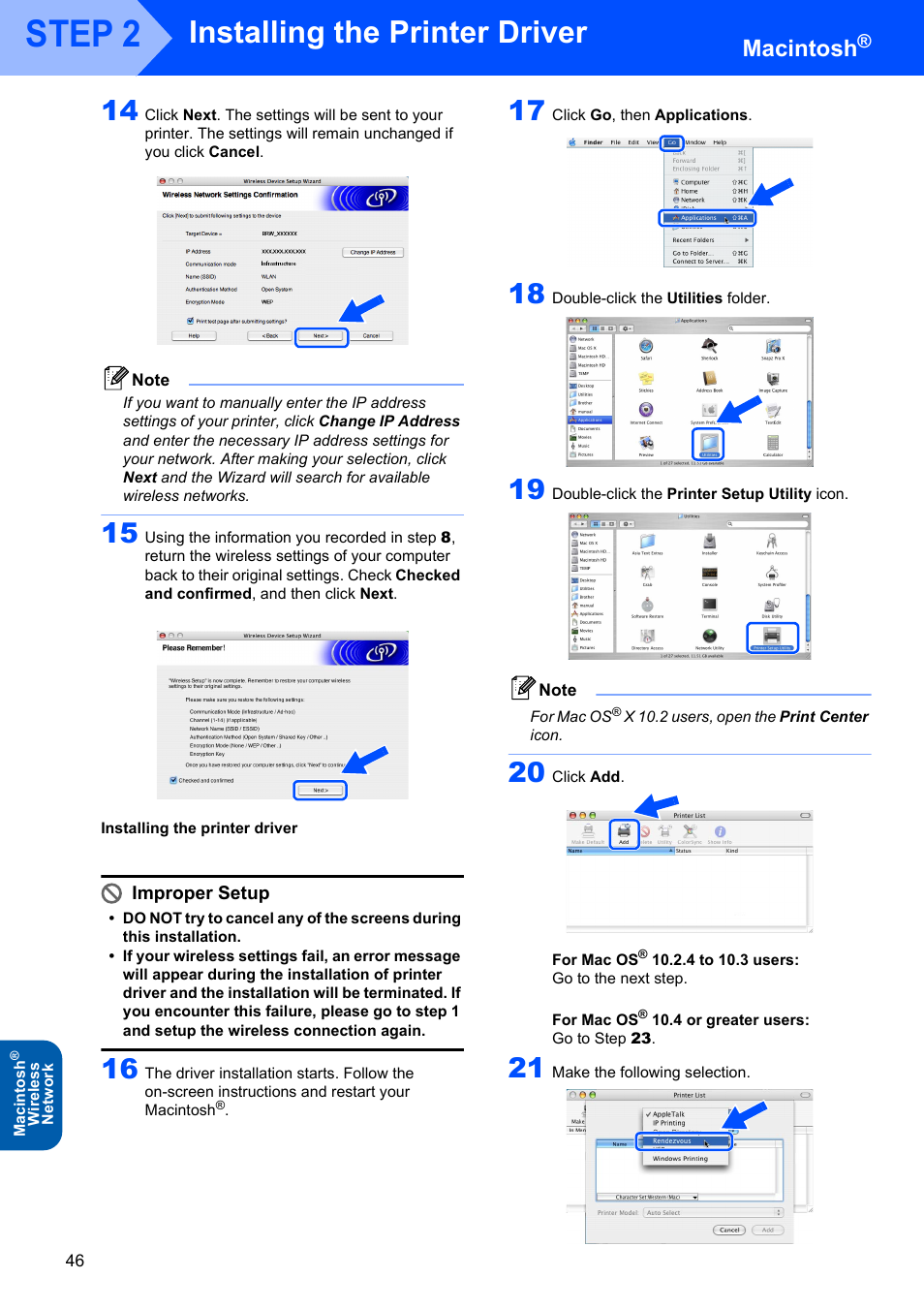 Installing the printer driver, Step 2, Macintosh | Improper setup | Brother HL-5280DW User Manual | Page 48 / 56