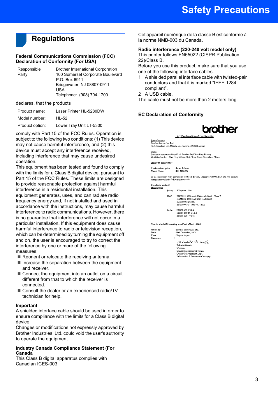 Regulations, Important, Industry canada compliance statement (for canada | Radio interference (220-240 volt model only), Ec declaration of conformity, Safety precautions | Brother HL-5280DW User Manual | Page 5 / 56