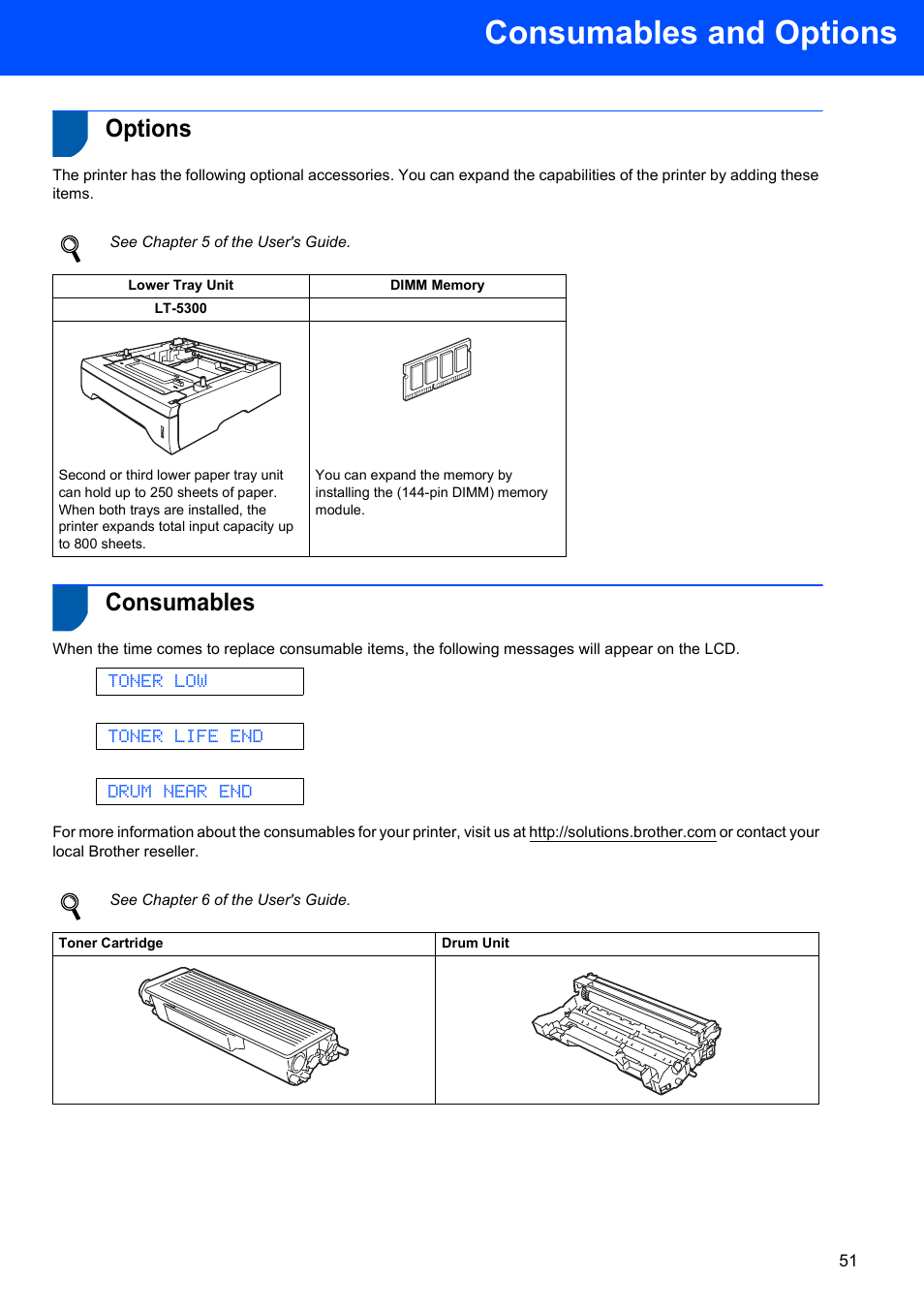 Consumables and options, Options, Consumables | Options consumables, Toner low, Toner life end, Drum near end, See chapter 5 of the user's guide, See chapter 6 of the user's guide | Brother HL-5280DW User Manual | Page 53 / 56