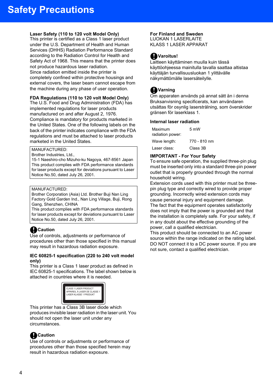 Laser safety (110 to 120 volt model only), Fda regulations (110 to 120 volt model only), Caution | For finland and sweden, Varoitus, Varning, Internal laser radiation, Important - for your safety, Safety precautions | Brother HL-5280DW User Manual | Page 6 / 56