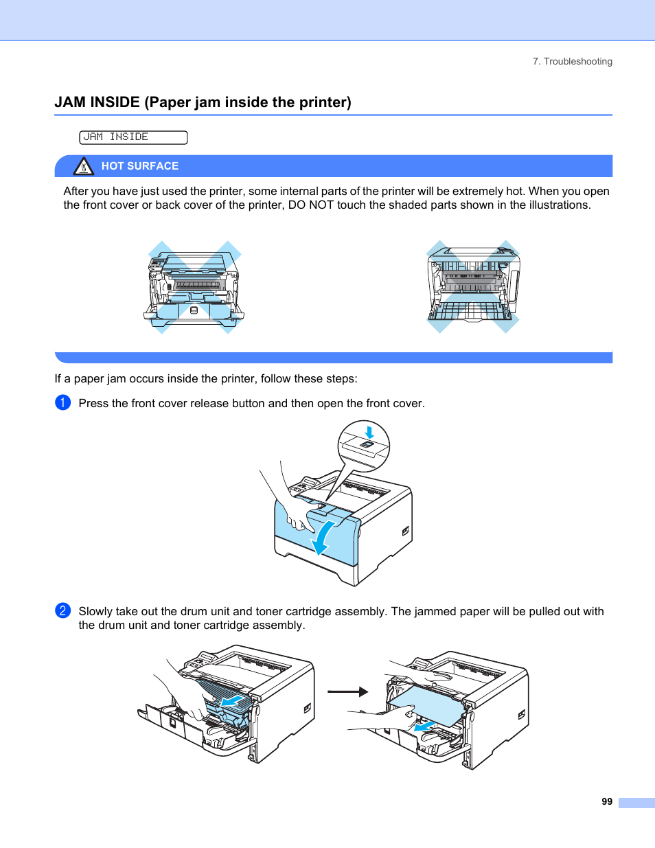 Jam inside (paper jam inside the printer), Jam inside | Brother HL-5280DW User Manual | Page 107 / 152