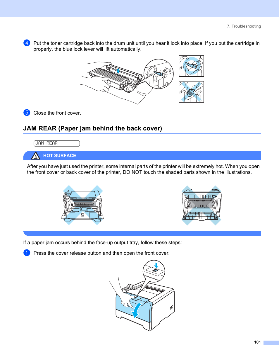 Jam rear (paper jam behind the back cover), Close the front cover, Jam rear | Brother HL-5280DW User Manual | Page 109 / 152
