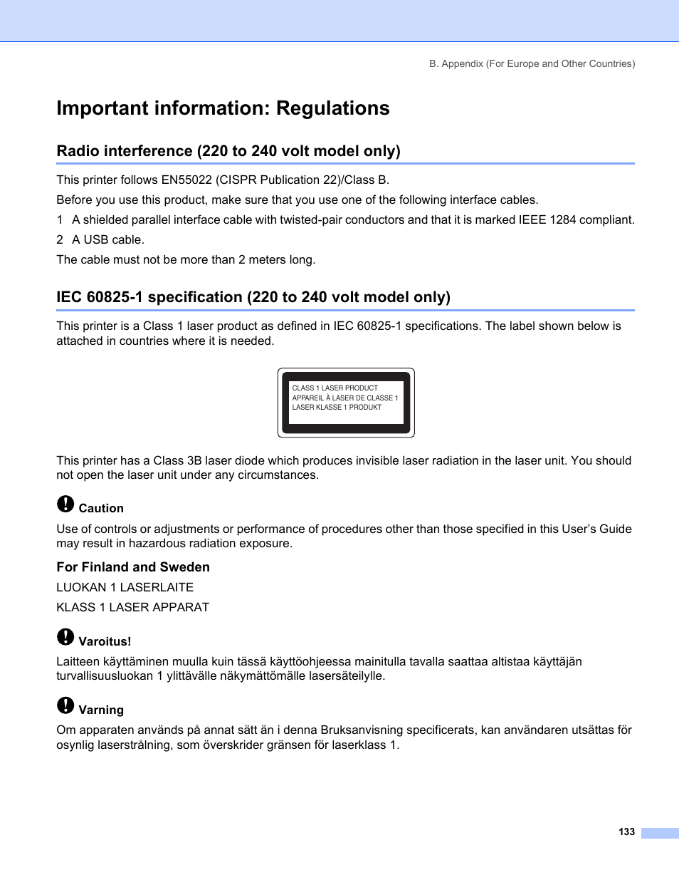 Important information: regulations, Radio interference (220 to 240 volt model only), For finland and sweden | Brother HL-5280DW User Manual | Page 141 / 152