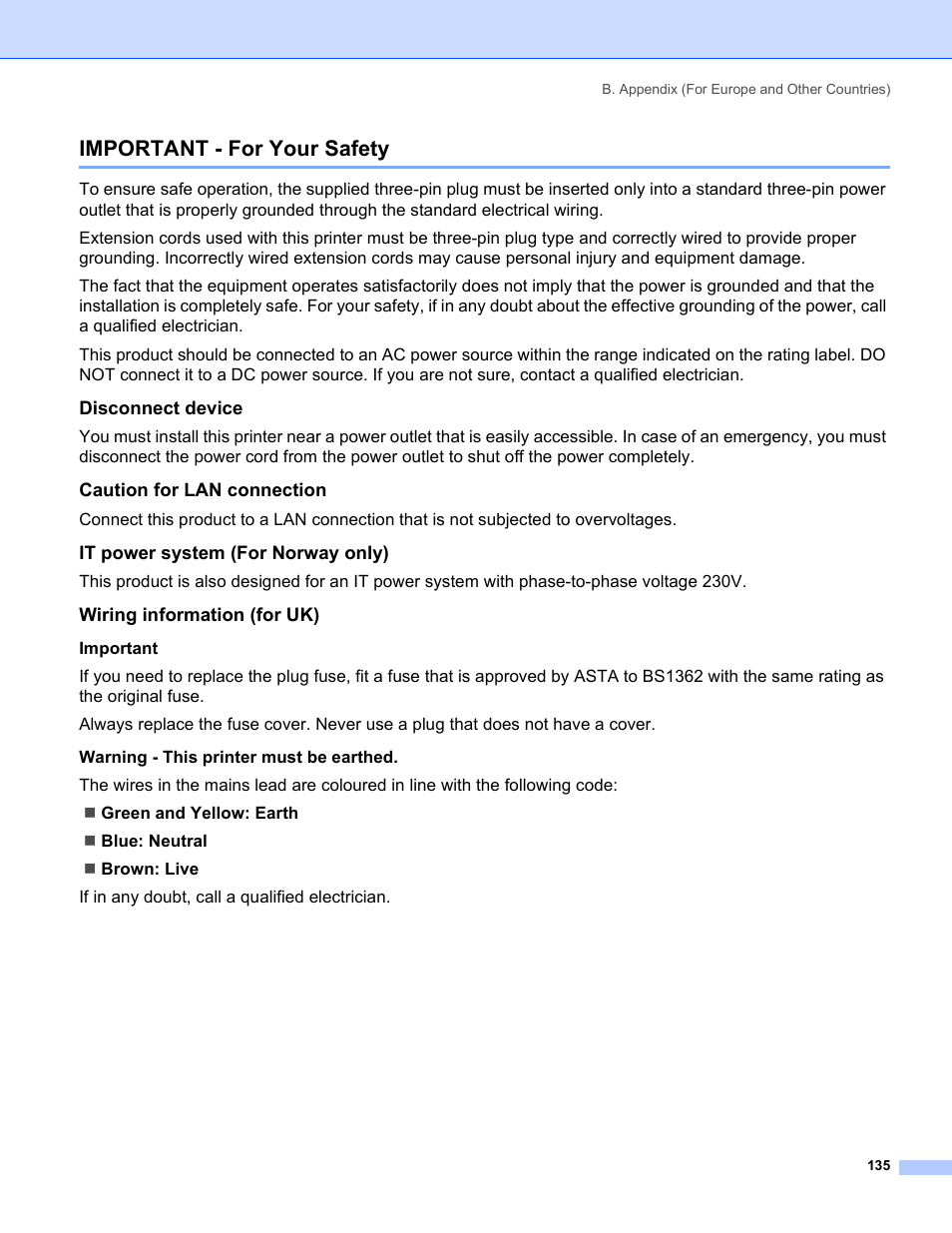 Important - for your safety, Disconnect device, Caution for lan connection | It power system (for norway only), Wiring information (for uk) | Brother HL-5280DW User Manual | Page 143 / 152