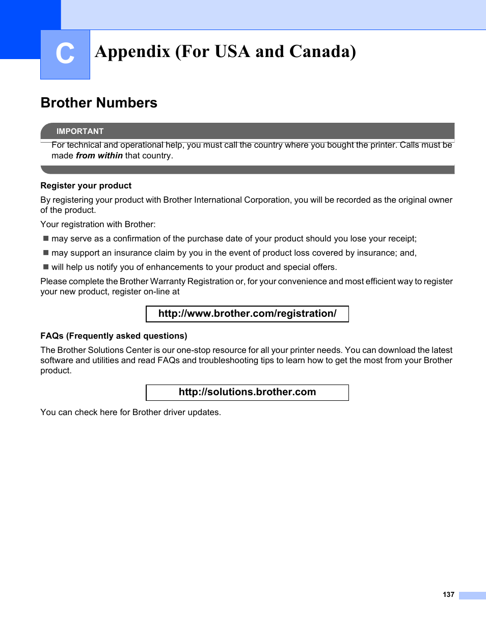 Appendix (for usa and canada) c, Brother numbers, Appendix (for usa and canada) | Brother HL-5280DW User Manual | Page 145 / 152