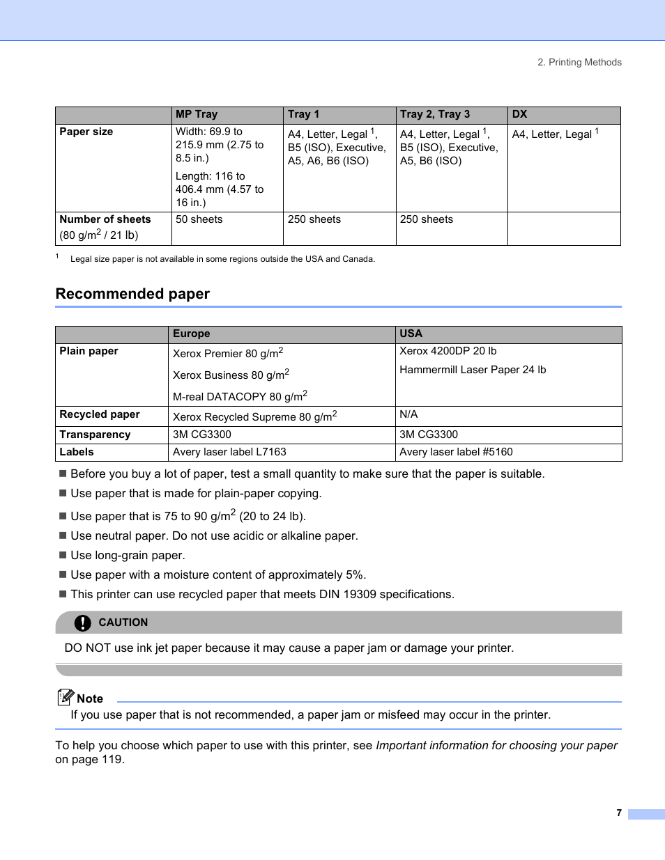Recommended paper | Brother HL-5280DW User Manual | Page 15 / 152