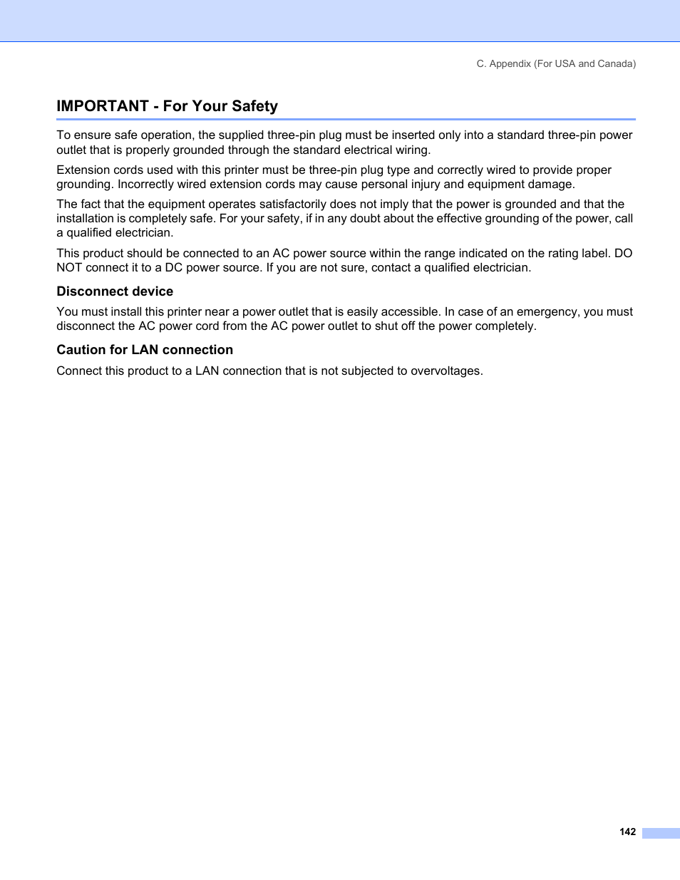 Important - for your safety, Disconnect device, Caution for lan connection | Brother HL-5280DW User Manual | Page 150 / 152