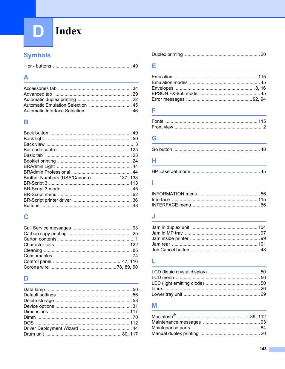 Index, Symbols | Brother HL-5280DW User Manual | Page 151 / 152