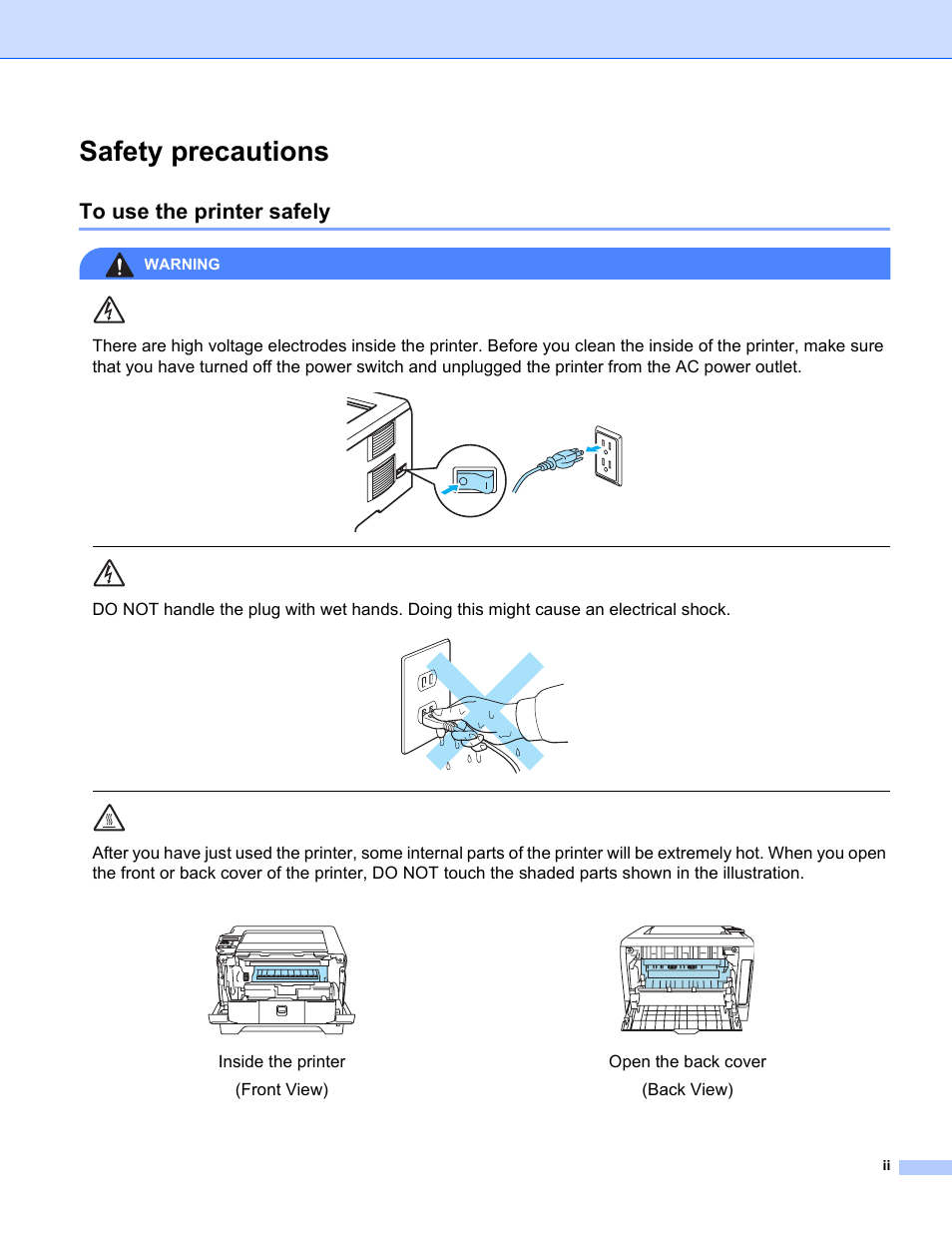 Safety precautions, To use the printer safely, Inside the printer (front view) | Open the back cover (back view), Warning | Brother HL-5280DW User Manual | Page 3 / 152