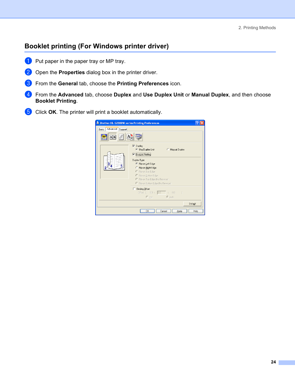 Booklet printing (for windows printer driver) | Brother HL-5280DW User Manual | Page 32 / 152