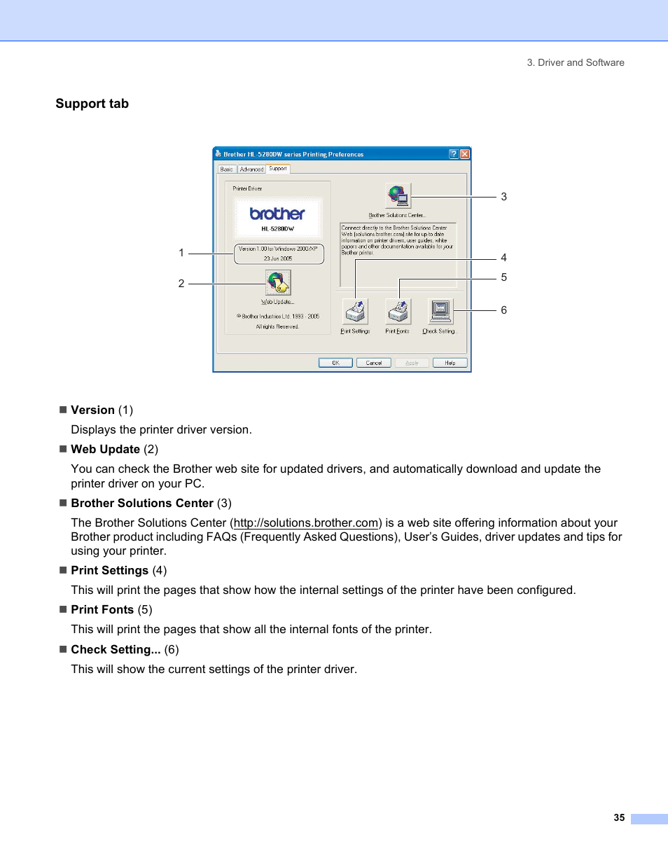 Support tab | Brother HL-5280DW User Manual | Page 43 / 152