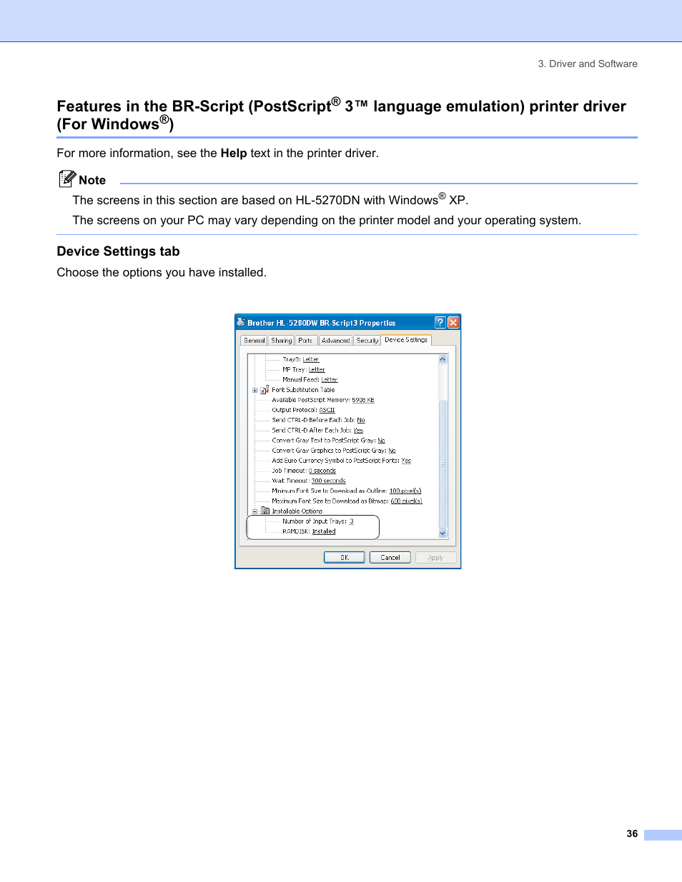 Device settings tab, Features in the br-script (postscript, 3™ language emulation) printer driver (for windows | Brother HL-5280DW User Manual | Page 44 / 152