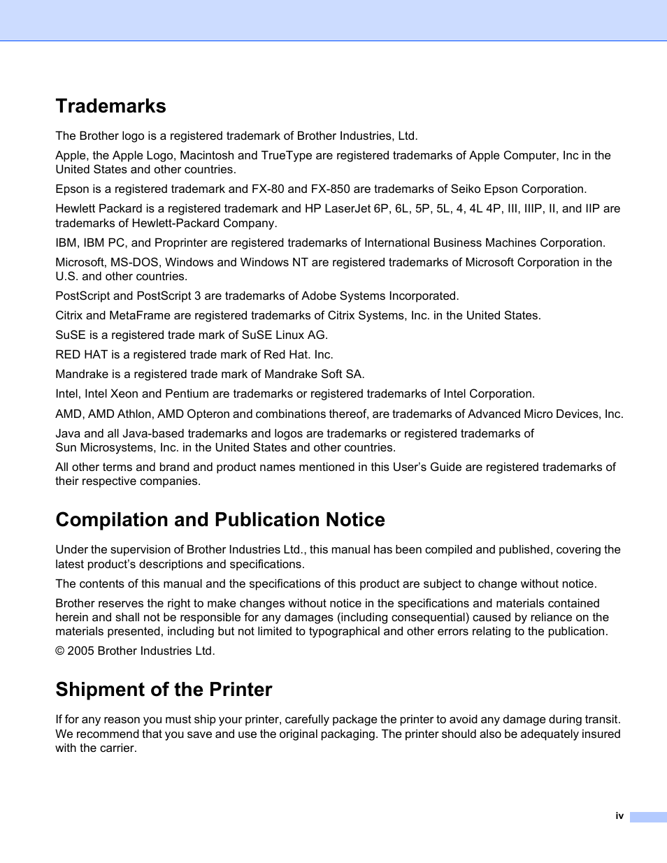 Trademarks, Compilation and publication notice, Shipment of the printer | Brother HL-5280DW User Manual | Page 5 / 152