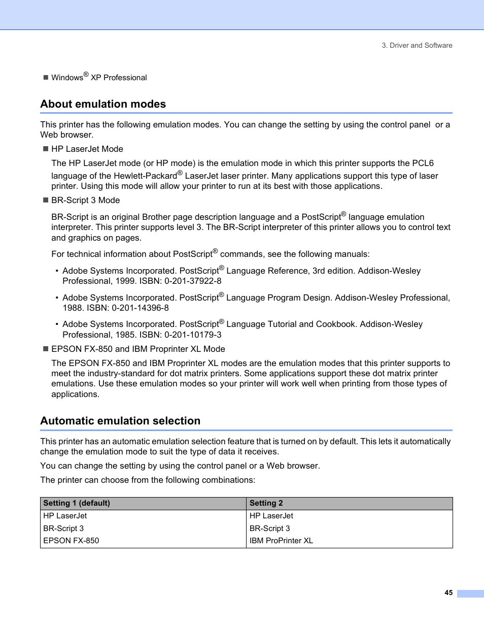 About emulation modes, Automatic emulation selection | Brother HL-5280DW User Manual | Page 53 / 152