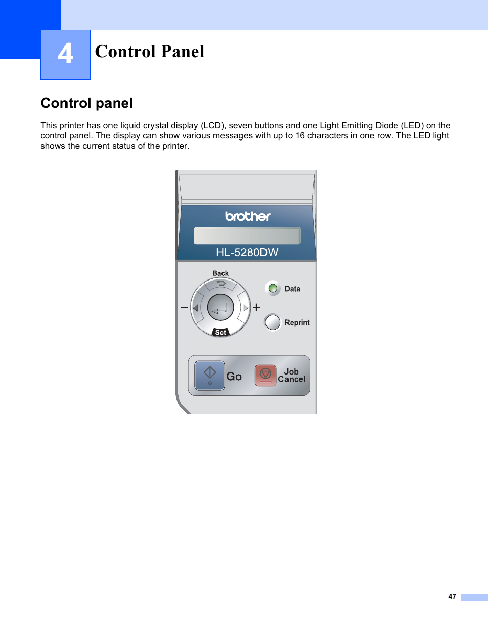 4 control panel, Control panel | Brother HL-5280DW User Manual | Page 55 / 152