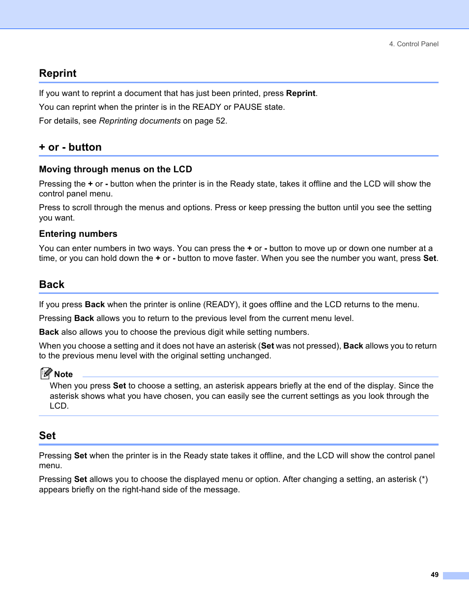 Reprint, Or - button, Moving through menus on the lcd | Entering numbers, Back, Reprint + or - button back set | Brother HL-5280DW User Manual | Page 57 / 152