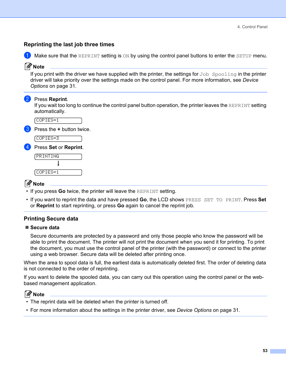 Reprinting the last job three times, Printing secure data | Brother HL-5280DW User Manual | Page 61 / 152
