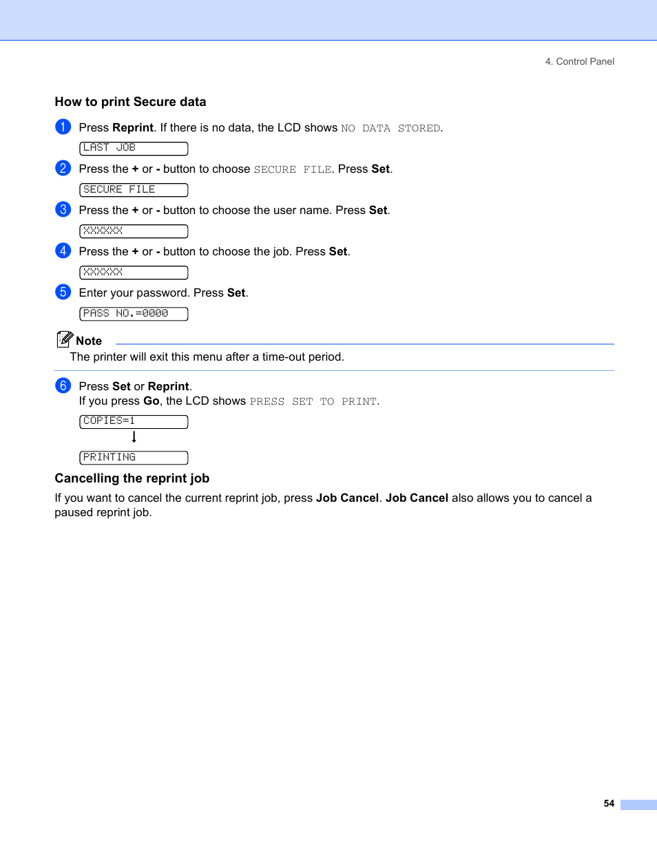 How to print secure data, Cancelling the reprint job | Brother HL-5280DW User Manual | Page 62 / 152