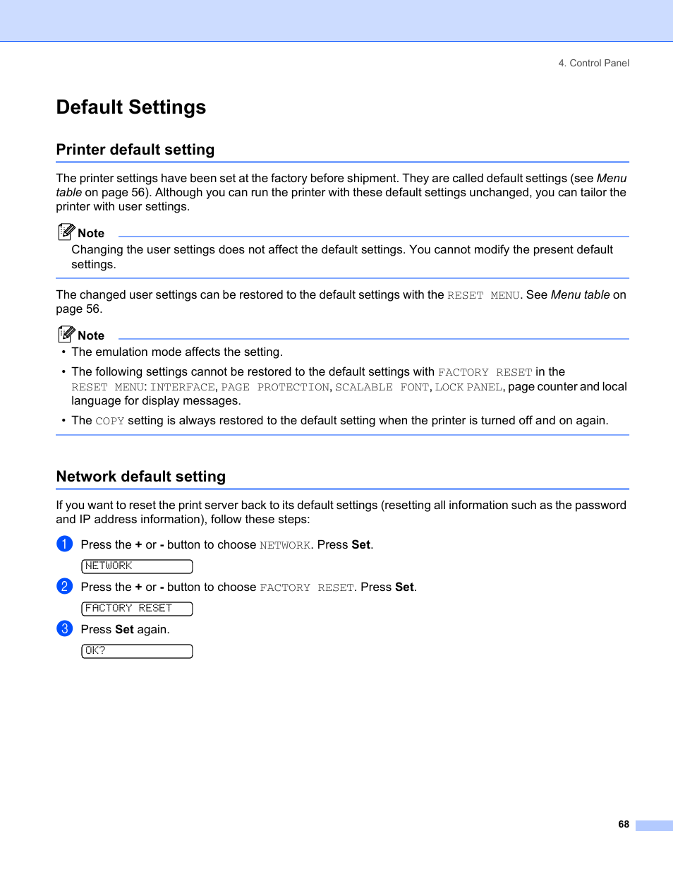 Default settings, Printer default setting, Network default setting | Printer default setting network default setting | Brother HL-5280DW User Manual | Page 76 / 152