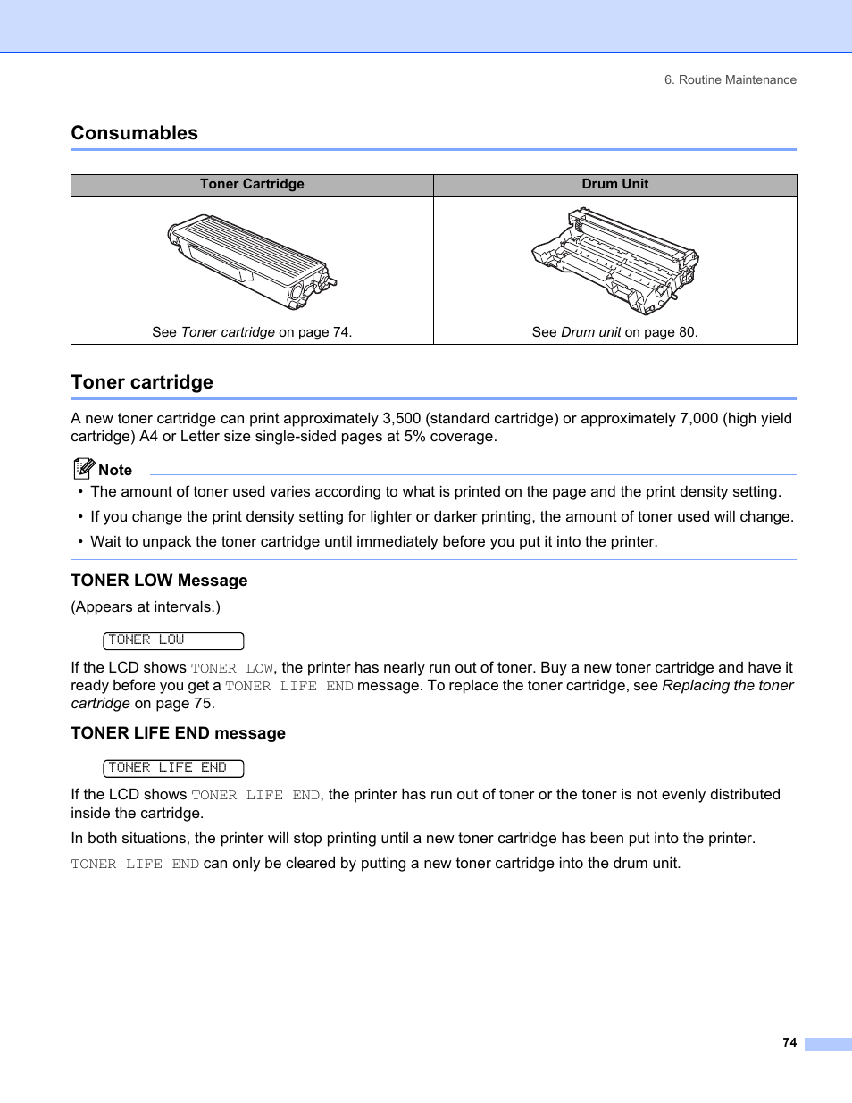 Consumables, Toner cartridge, Toner low message | Toner life end message, Consumables toner cartridge | Brother HL-5280DW User Manual | Page 82 / 152