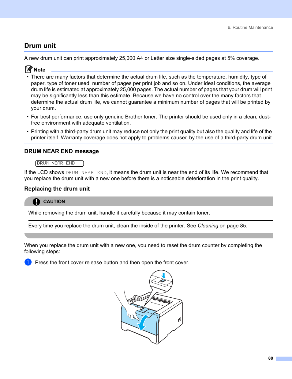 Drum unit, Drum near end message, Replacing the drum unit | Brother HL-5280DW User Manual | Page 88 / 152