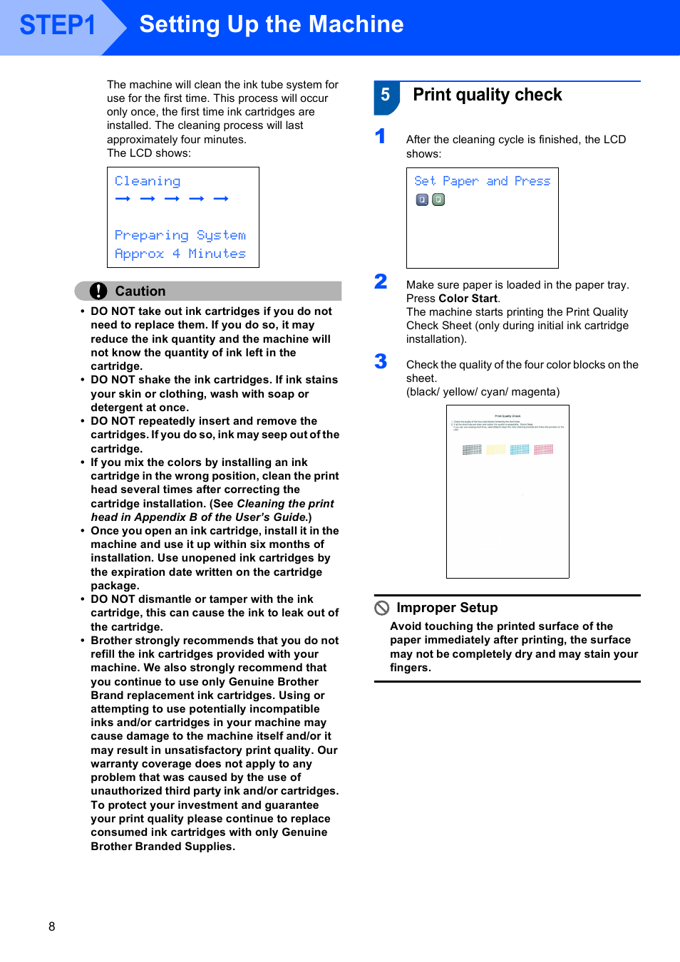 5 print quality check, Print quality check, Step1 | Setting up the machine, 5print quality check, Set paper and press | Brother DCP-330C User Manual | Page 10 / 33