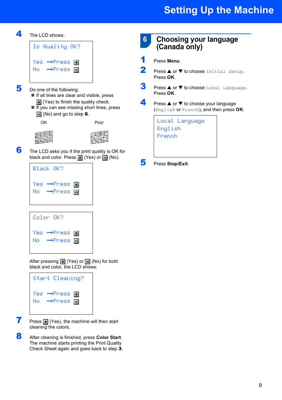 6 choosing your language (canada only), Choosing your language (canada only), Setting up the machine | 6choosing your language (canada only) | Brother DCP-330C User Manual | Page 11 / 33