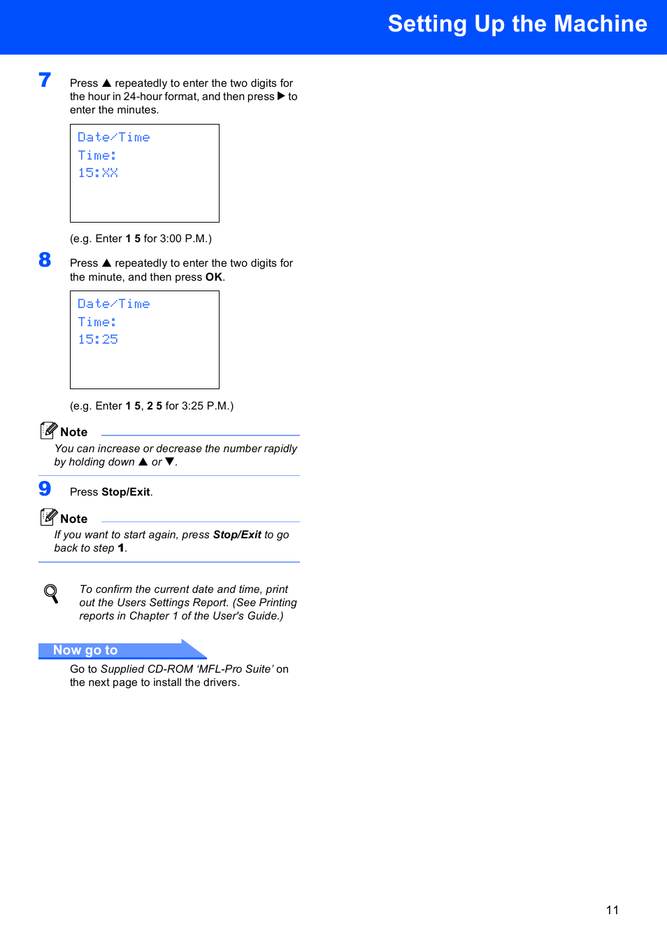 Setting up the machine, Date/time time: 15:xx, Date/time time: 15:25 | Brother DCP-330C User Manual | Page 13 / 33
