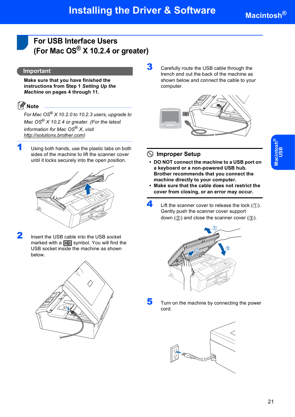 Macintosh, For usb interface users (for mac os, X 10.2.4 or greater) | For usb interface users, For mac os, Installing the driver & software, Important, Improper setup | Brother DCP-330C User Manual | Page 23 / 33